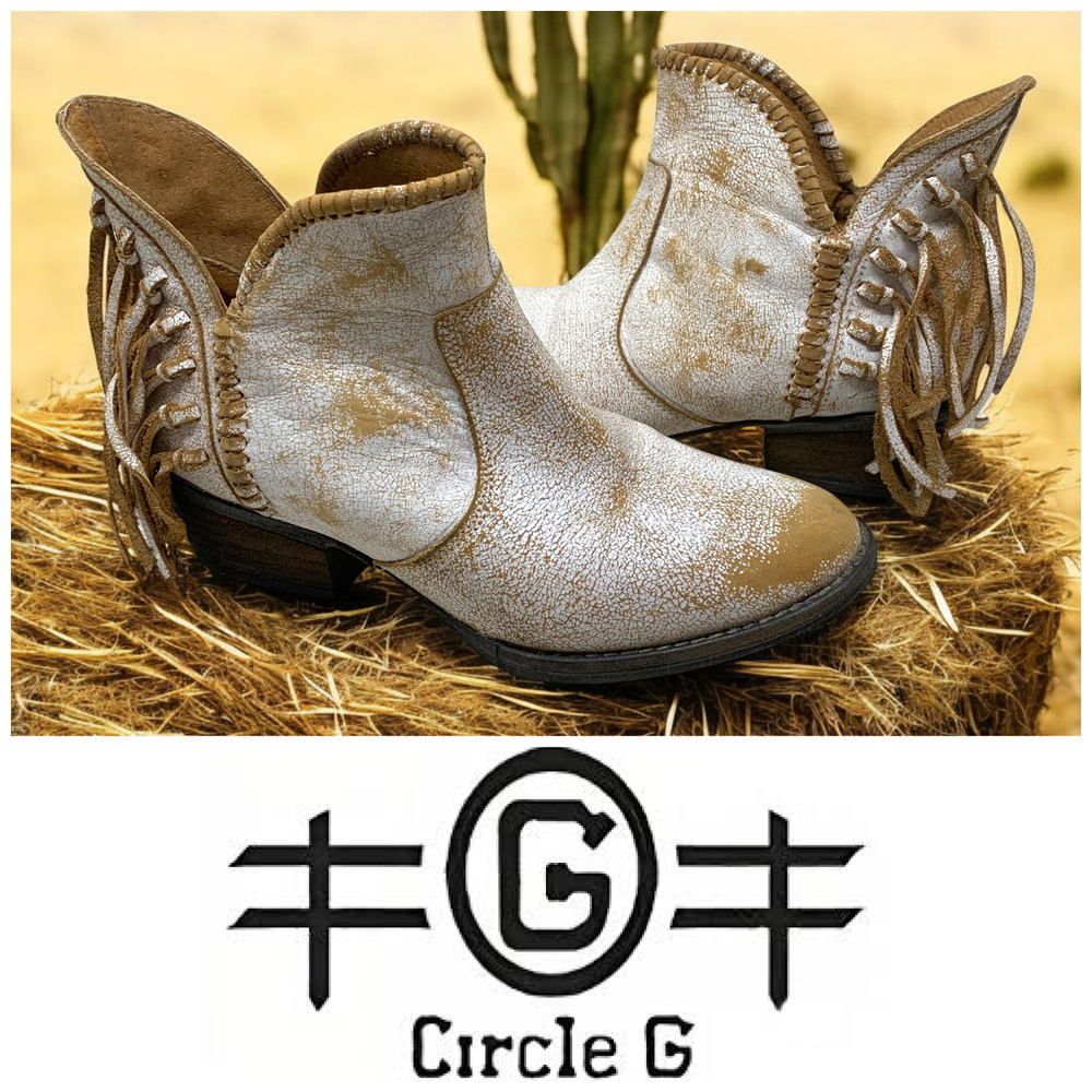 Circle G x Corral Sz 6 Distressed White Crackle Western Fringed Boots Booties